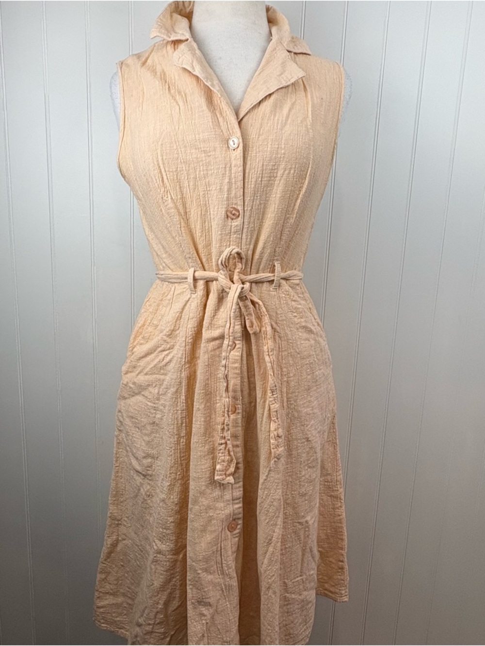 Suzy Shier Peach Cotton Midi Dress Belted Minimalist Summer - Picture 4 of 11